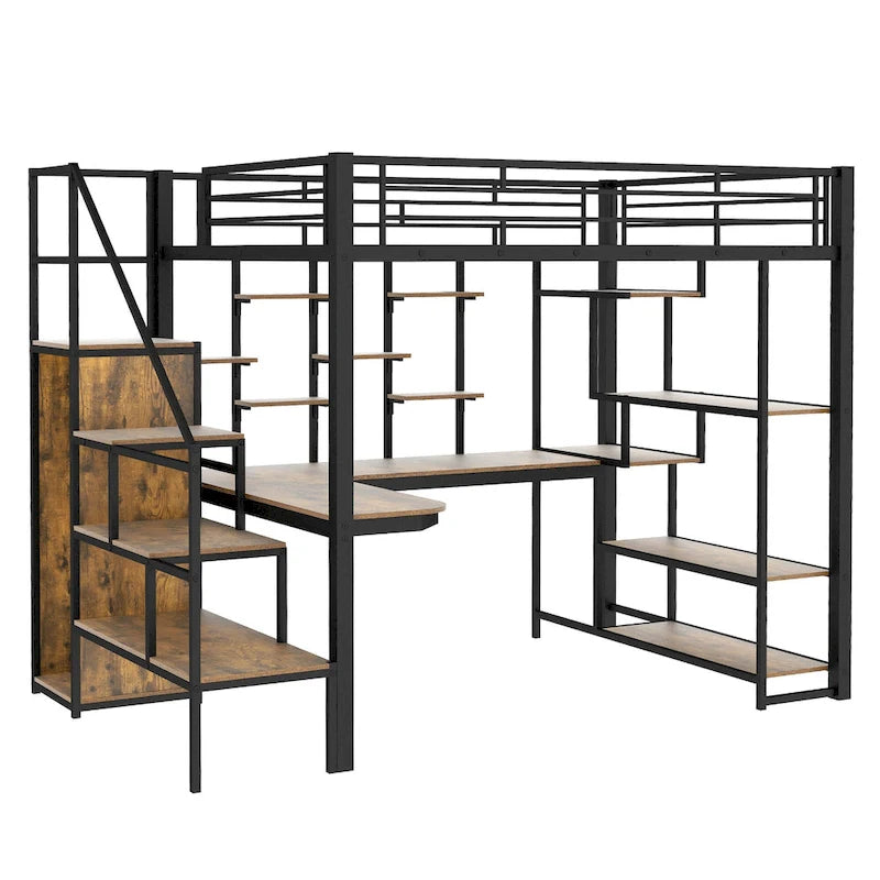 Full Size Metal Loft Bed with Desk, Storage Stairs and Wardrobe