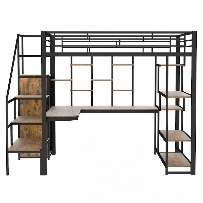 Full Size Metal Loft Bed with Desk, Storage Stairs and Wardrobe