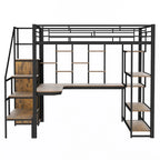 Lit mezzanine en métal, format double, avec bureau, escalier de rangement et armoire