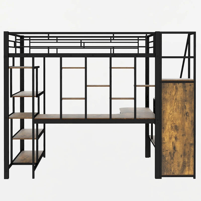 Full Size Metal Loft Bed with Desk, Storage Stairs and Wardrobe