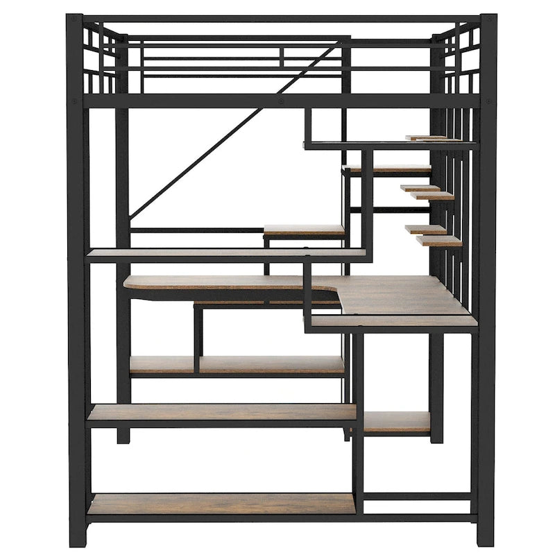 Full Size Metal Loft Bed with Desk, Storage Stairs and Wardrobe