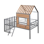 Metall-Hochbett in Hausform für Twin-Matratzen mit Schutzgittern und Leiter