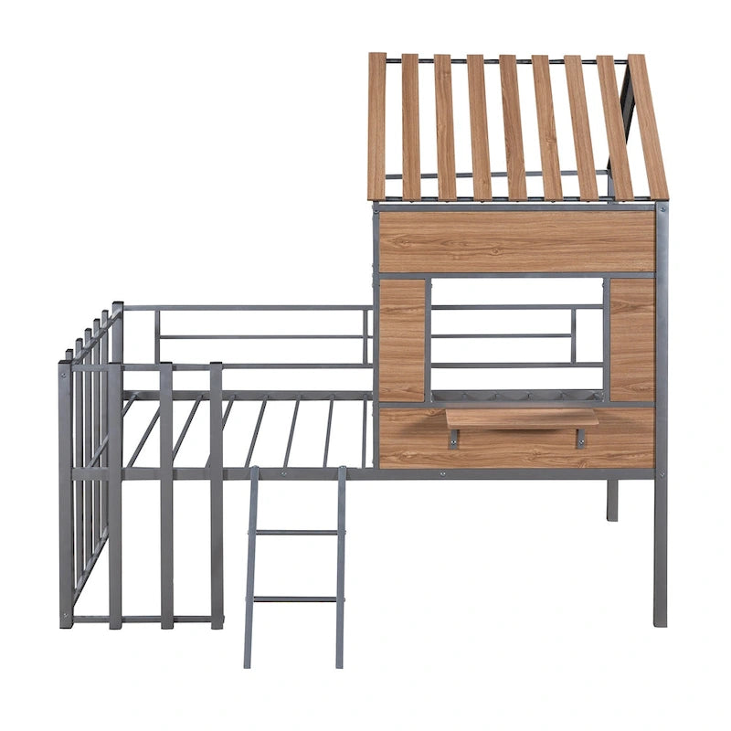 Twin House-Shaped Metal Loft Bed with Guardrails and Ladder