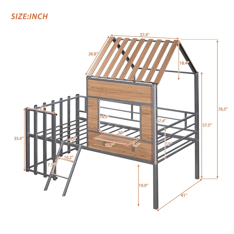 Twin House-Shaped Metal Loft Bed with Guardrails and Ladder