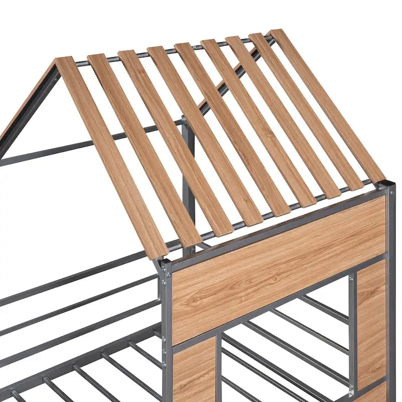 Twin House-Shaped Metal Loft Bed with Guardrails and Ladder