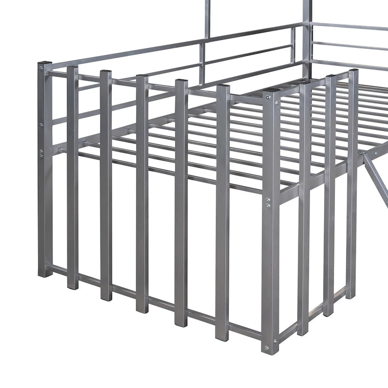 Twin House-Shaped Metal Loft Bed with Guardrails and Ladder