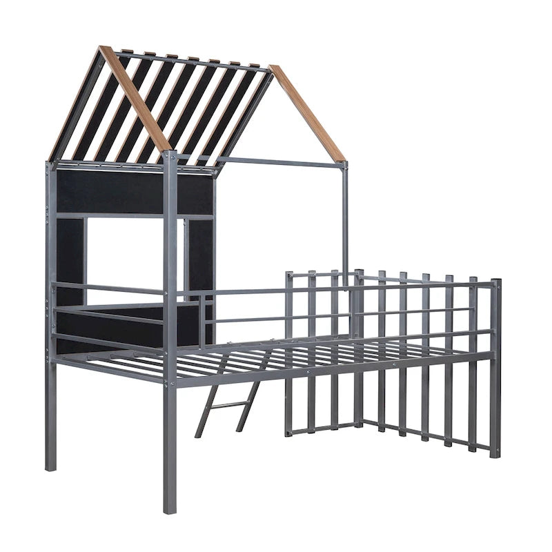 Twin House-Shaped Metal Loft Bed with Guardrails and Ladder