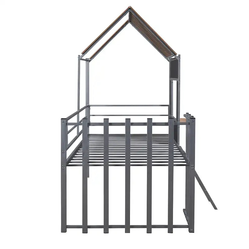 Twin House-Shaped Metal Loft Bed with Guardrails and Ladder