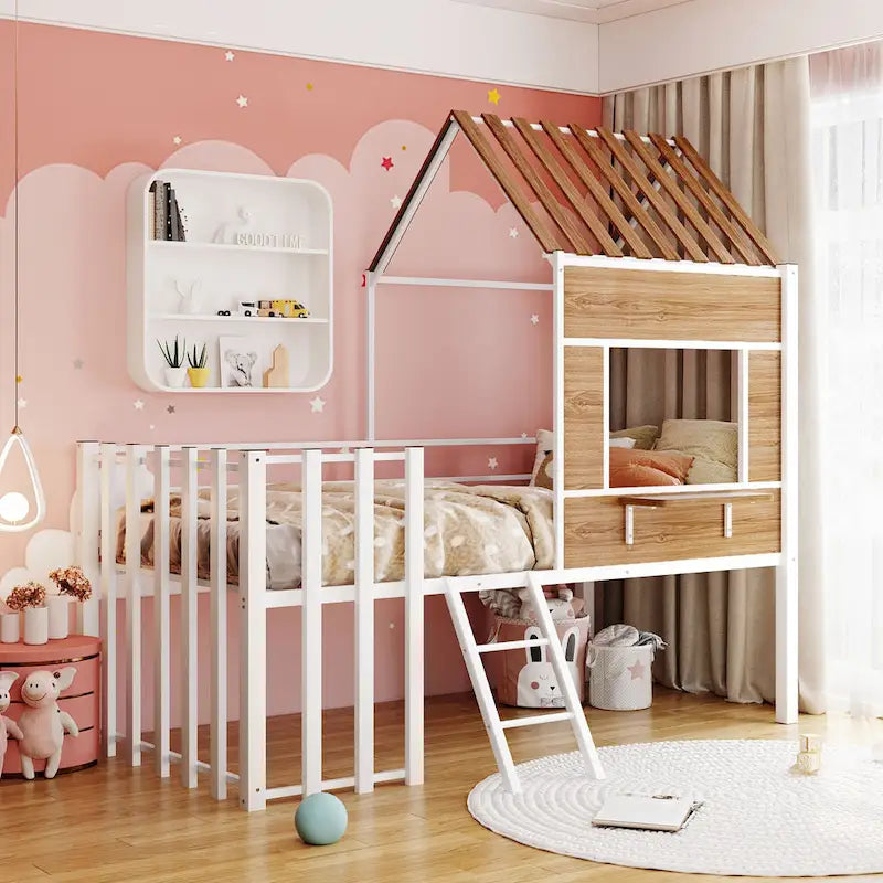 Twin House-Shaped Metal Loft Bed with Guardrails and Ladder