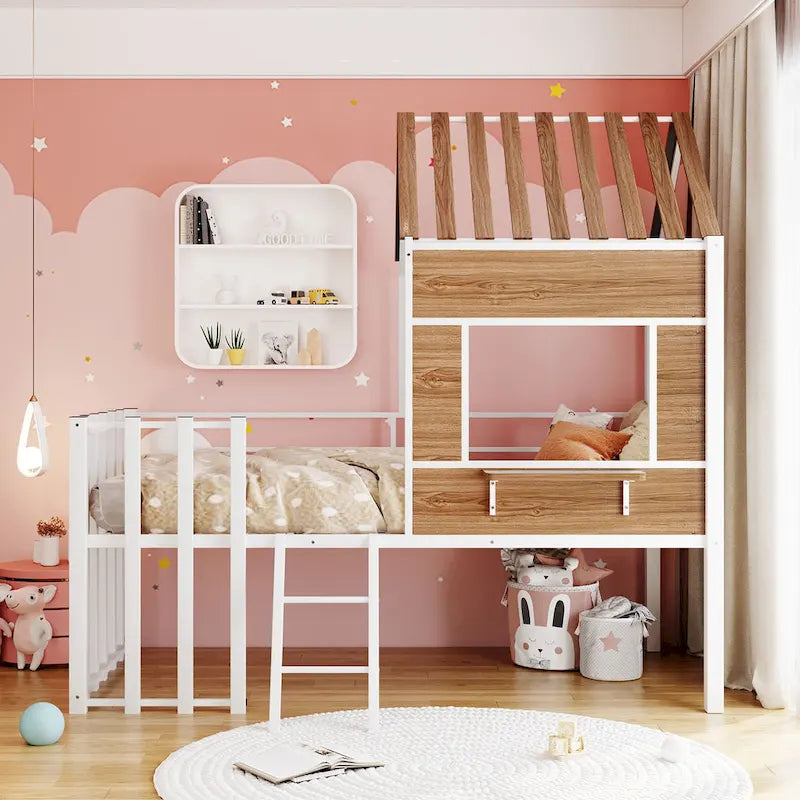 Twin House-Shaped Metal Loft Bed with Guardrails and Ladder