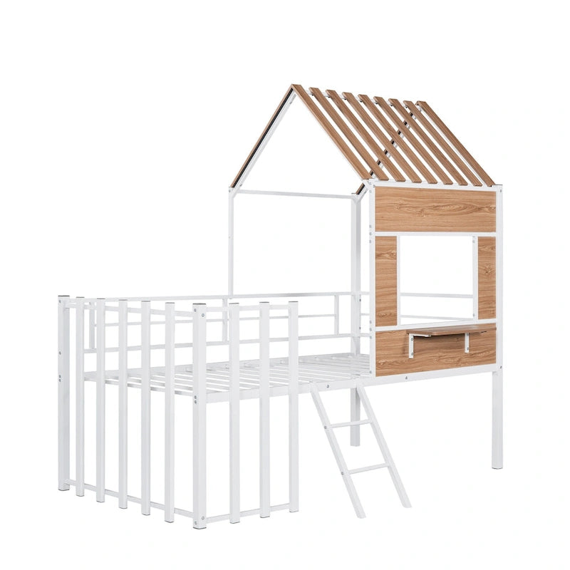 Twin House-Shaped Metal Loft Bed with Guardrails and Ladder