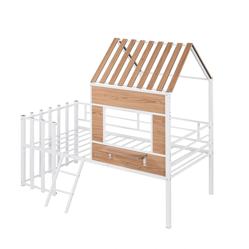 Twin House-Shaped Metal Loft Bed with Guardrails and Ladder