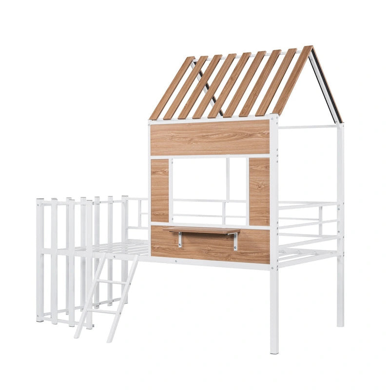 Twin House-Shaped Metal Loft Bed with Guardrails and Ladder