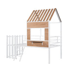 Metall-Hochbett in Hausform für Twin-Matratzen mit Schutzgittern und Leiter