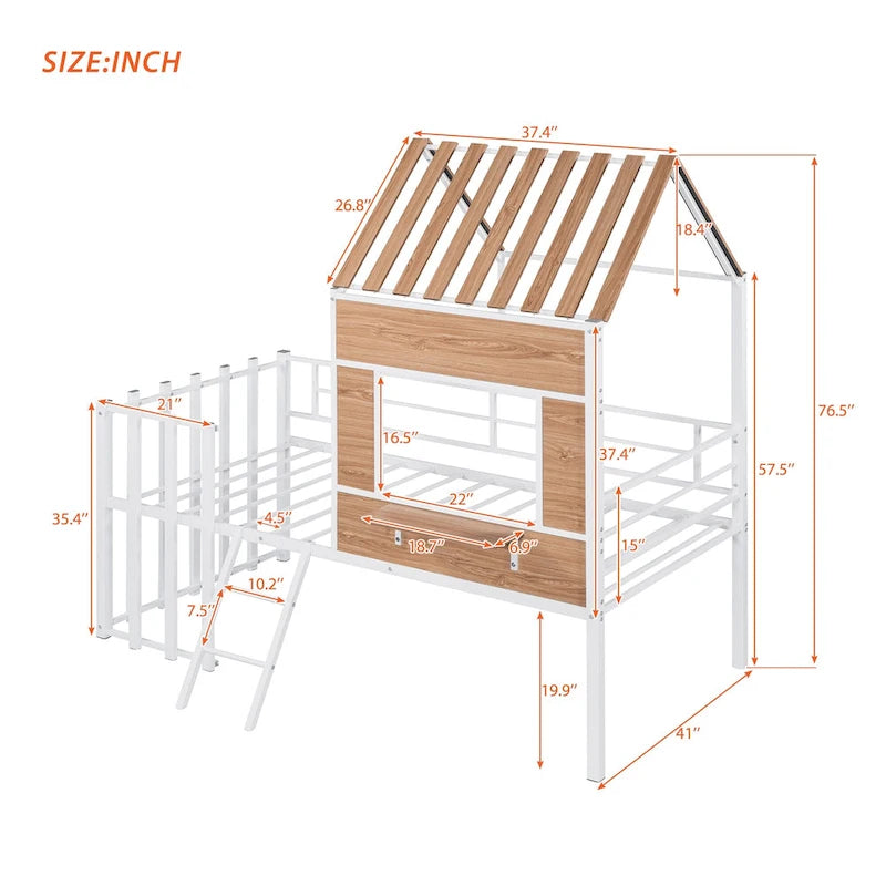 Twin House-Shaped Metal Loft Bed with Guardrails and Ladder