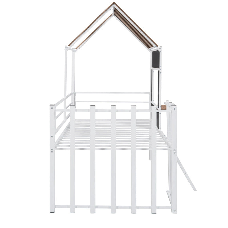 Twin House-Shaped Metal Loft Bed with Guardrails and Ladder