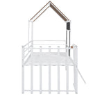 Metall-Hochbett in Hausform für Twin-Matratzen mit Schutzgittern und Leiter