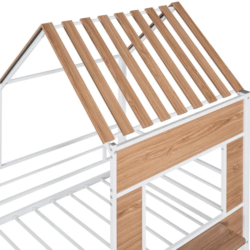 Twin House-Shaped Metal Loft Bed with Guardrails and Ladder