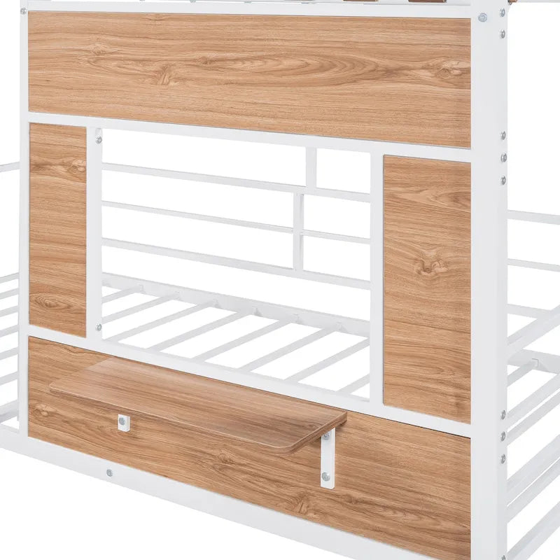 Twin House-Shaped Metal Loft Bed with Guardrails and Ladder