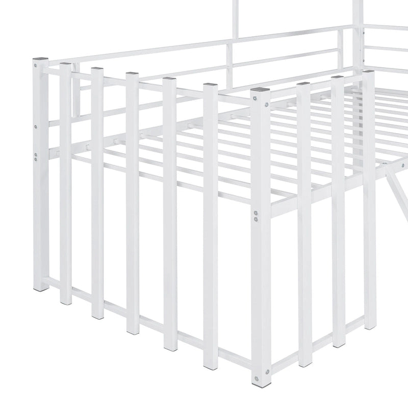 Twin House-Shaped Metal Loft Bed with Guardrails and Ladder