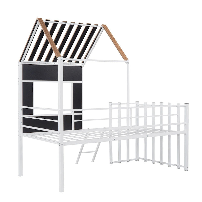 Twin House-Shaped Metal Loft Bed with Guardrails and Ladder
