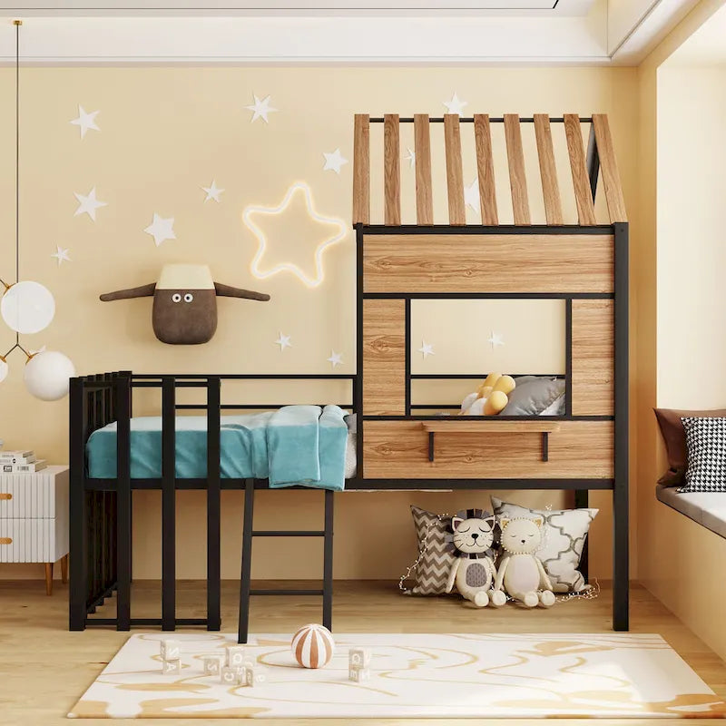 Twin House-Shaped Metal Loft Bed with Guardrails and Ladder