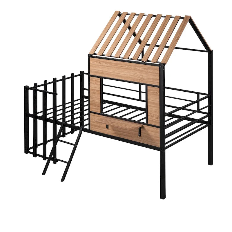 Twin House-Shaped Metal Loft Bed with Guardrails and Ladder