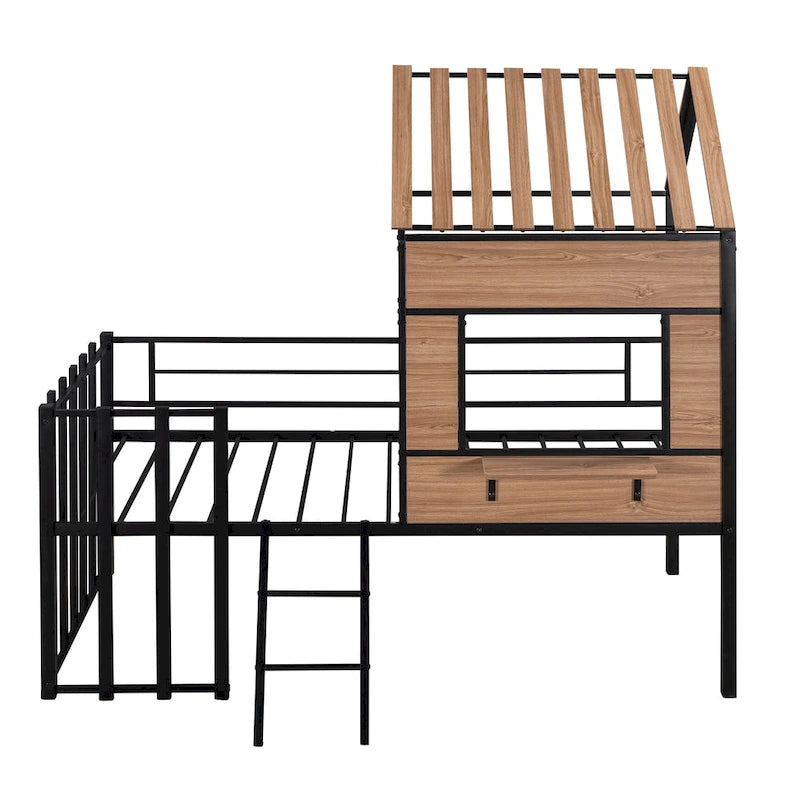 Twin House-Shaped Metal Loft Bed with Guardrails and Ladder
