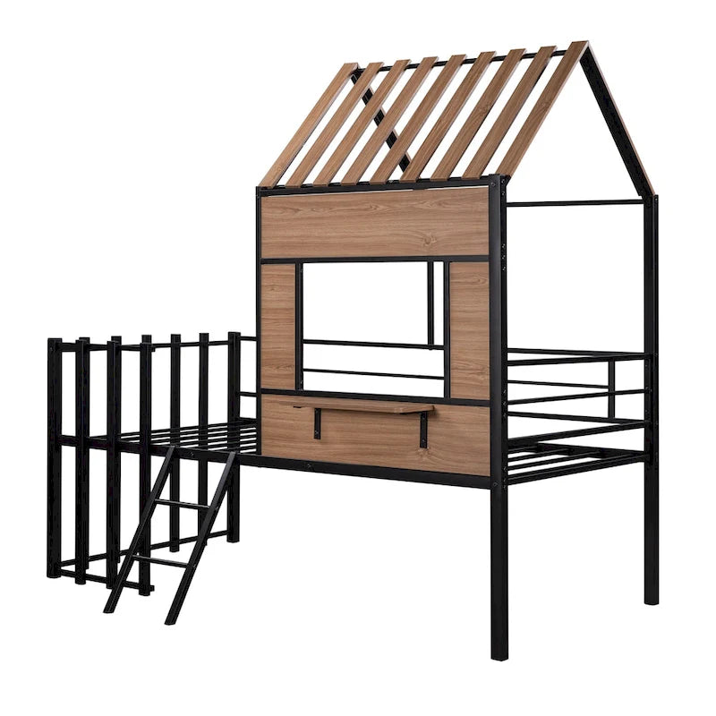 Twin House-Shaped Metal Loft Bed with Guardrails and Ladder