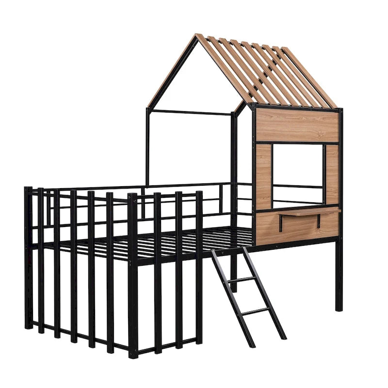 Twin House-Shaped Metal Loft Bed with Guardrails and Ladder