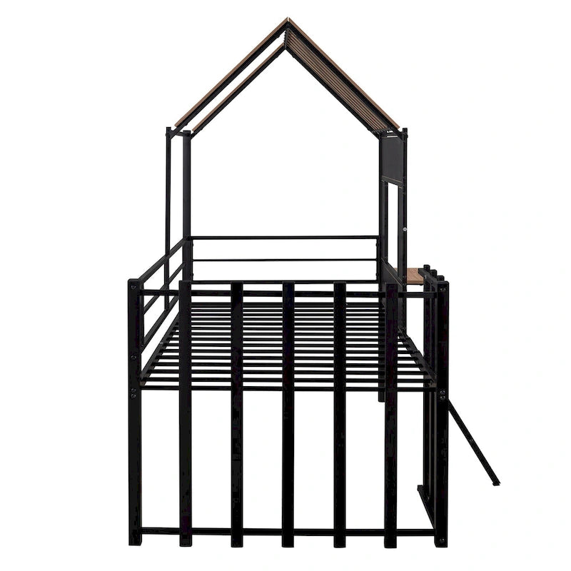Twin House-Shaped Metal Loft Bed with Guardrails and Ladder