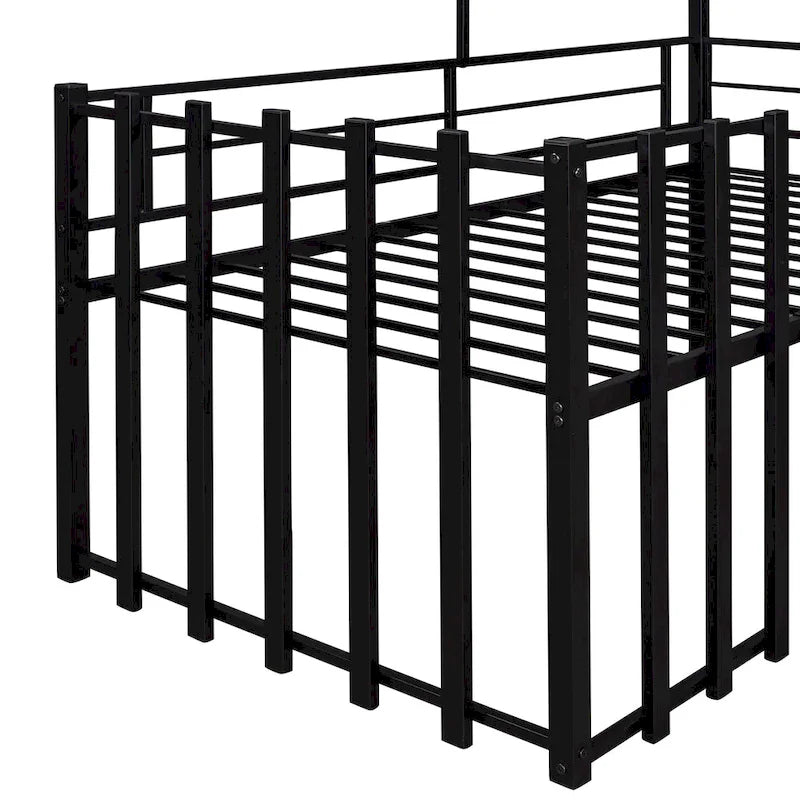 Twin House-Shaped Metal Loft Bed with Guardrails and Ladder