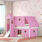 Roze kasteel-hoogslaper voor twee personen met glijbaan, tent en toren