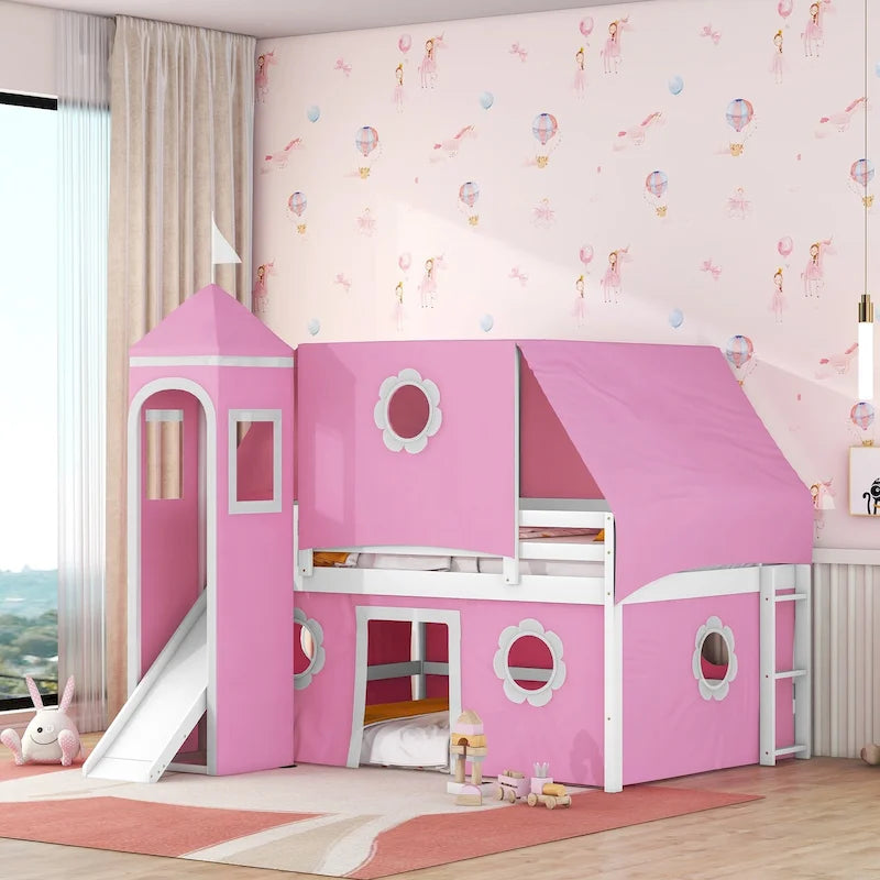 Pink Full-Size Castle Loft Bed with Slide, Tent and Tower