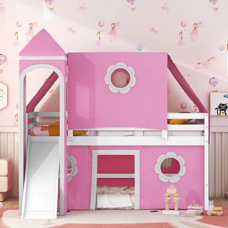 Pink Full-Size Castle Loft Bed with Slide, Tent and Tower