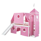 Roze kasteel-hoogslaper voor twee personen met glijbaan, tent en toren