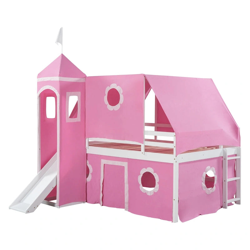 Pink Full-Size Castle Loft Bed with Slide, Tent and Tower