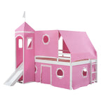 Roze kasteel-hoogslaper voor twee personen met glijbaan, tent en toren