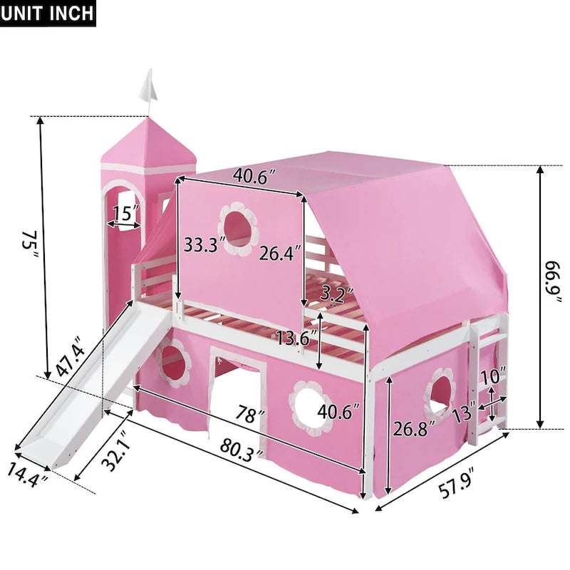 Pink Full-Size Castle Loft Bed with Slide, Tent and Tower