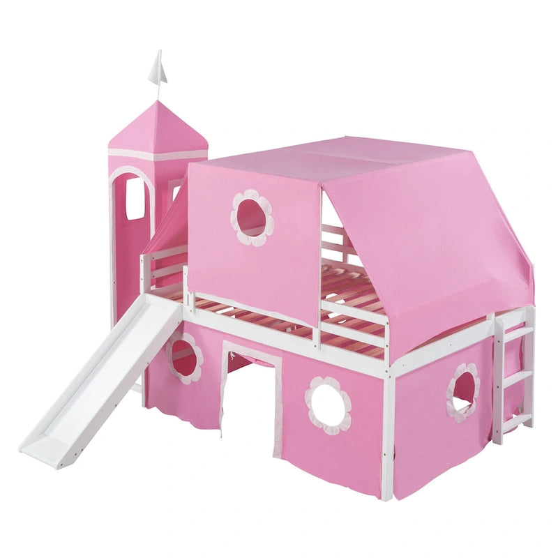Pink Full-Size Castle Loft Bed with Slide, Tent and Tower