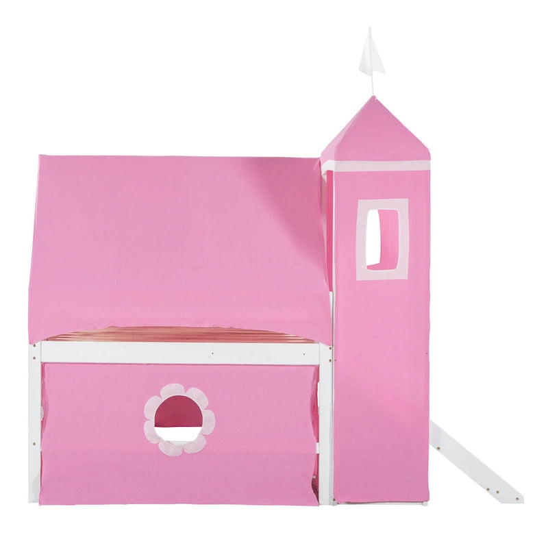 Pink Full-Size Castle Loft Bed with Slide, Tent and Tower