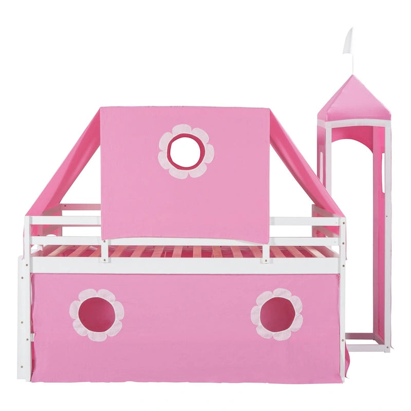 Pink Full-Size Castle Loft Bed with Slide, Tent and Tower