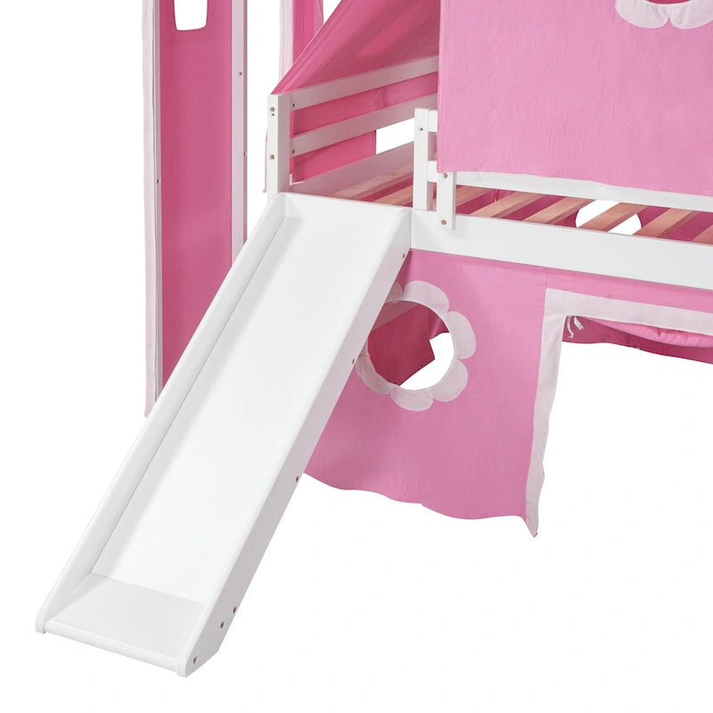 Pink Full-Size Castle Loft Bed with Slide, Tent and Tower