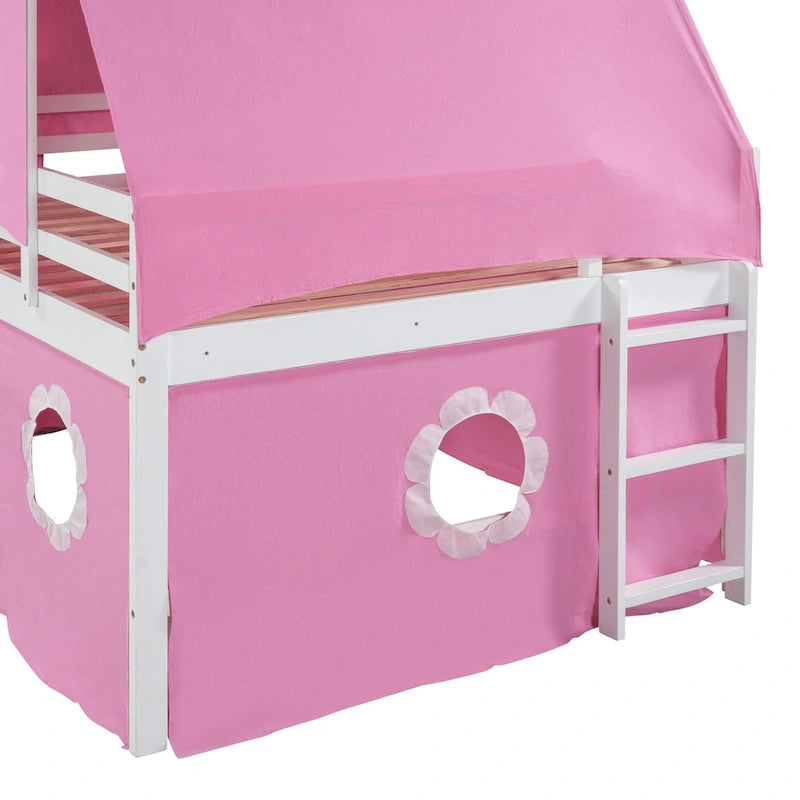 Pink Full-Size Castle Loft Bed with Slide, Tent and Tower