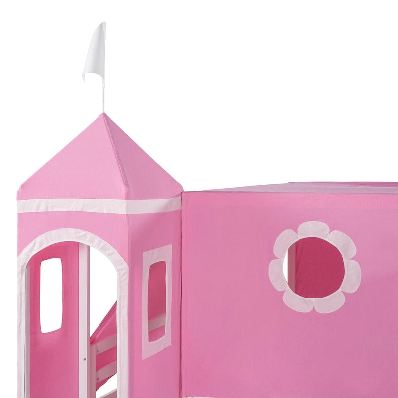 Pink Full-Size Castle Loft Bed with Slide, Tent and Tower