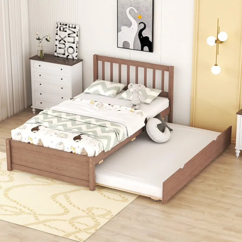 Walnut Twin Platform Bed with Roll-Out Trundle