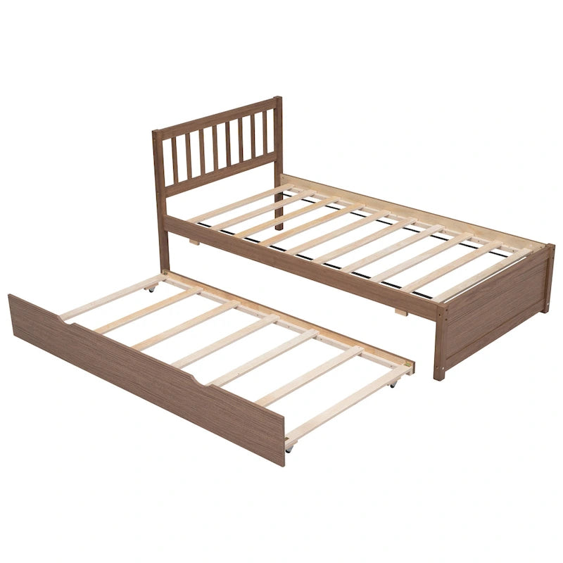 Walnut Twin Platform Bed with Roll-Out Trundle