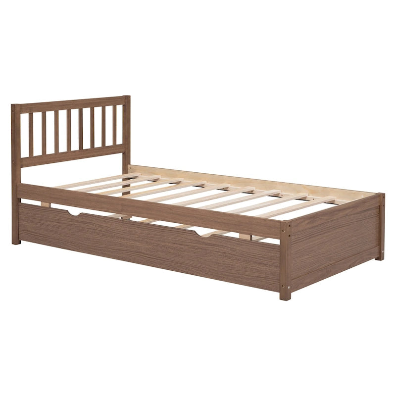 Walnut Twin Platform Bed with Roll-Out Trundle