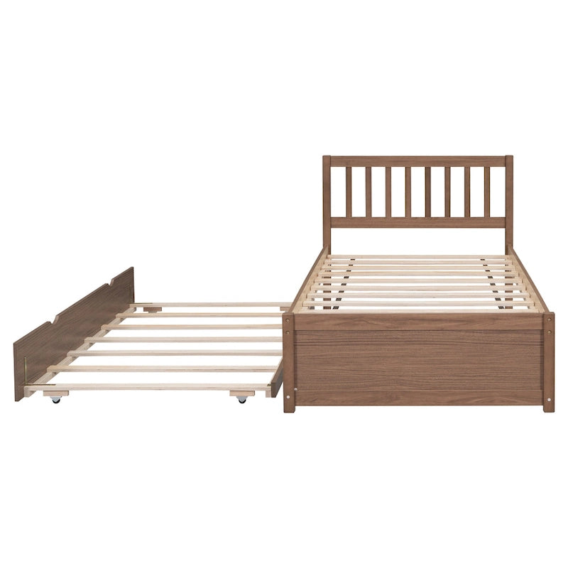 Walnut Twin Platform Bed with Roll-Out Trundle