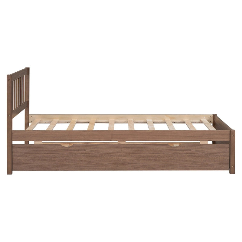Walnut Twin Platform Bed with Roll-Out Trundle